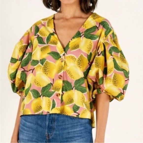 Farm Rio fresh lemons puff sleeve blouse Small - Picture 3 of 7
